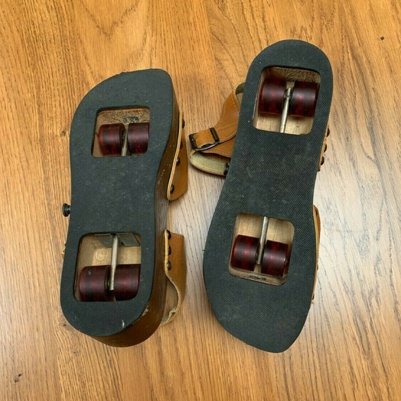 Vintage 70's Pop Out Skate Sandals Wooden Platform - Picture 8 of 8